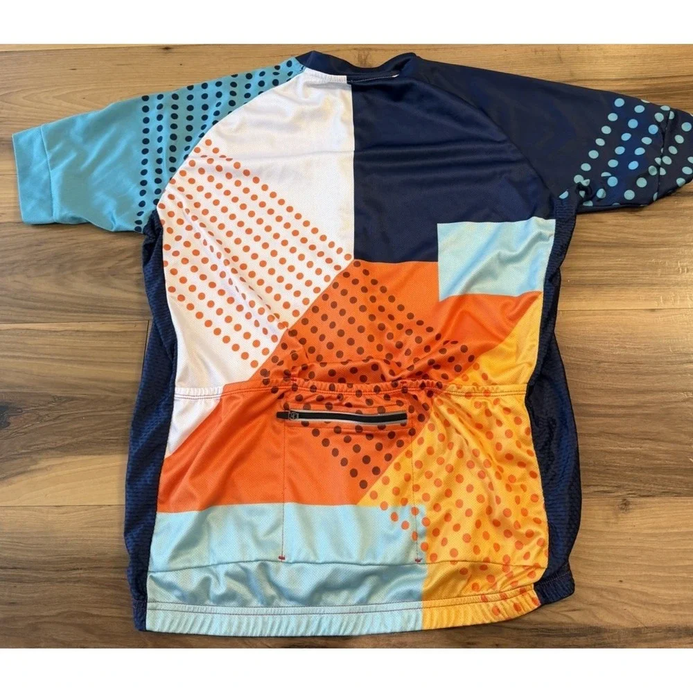 Cycling Jersey Men's Large Blue Orange Geometric Full Zip Bike Shirt Race Top - Picture 6 of 6